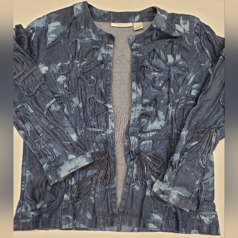 Boho Indigo Appliqué Jacket 100% Cotton Art to Wear Open Front Abstract Floral M